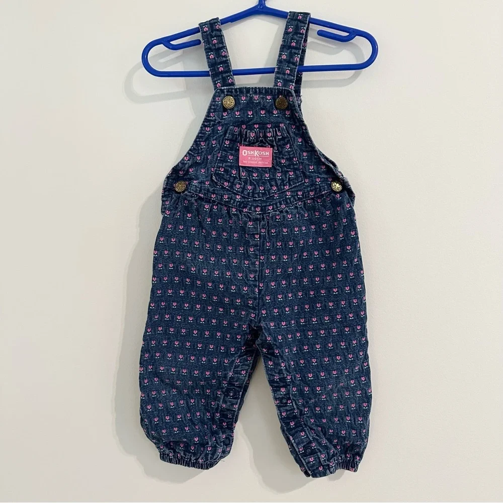 Vintage OshKosh B'gosh Blue Denim Overalls Heart Tulip Pattern size 18 months